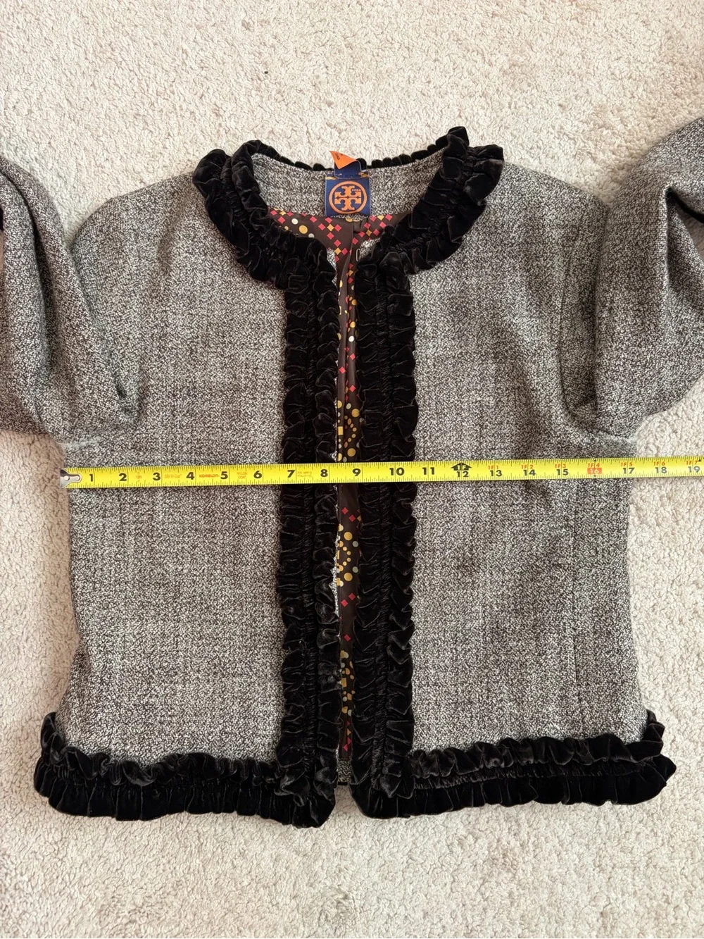 TORY BURCH Brown Tweed Ruffled Velvet Trimmed Collarless Jacket Women's Sz 6 EUC